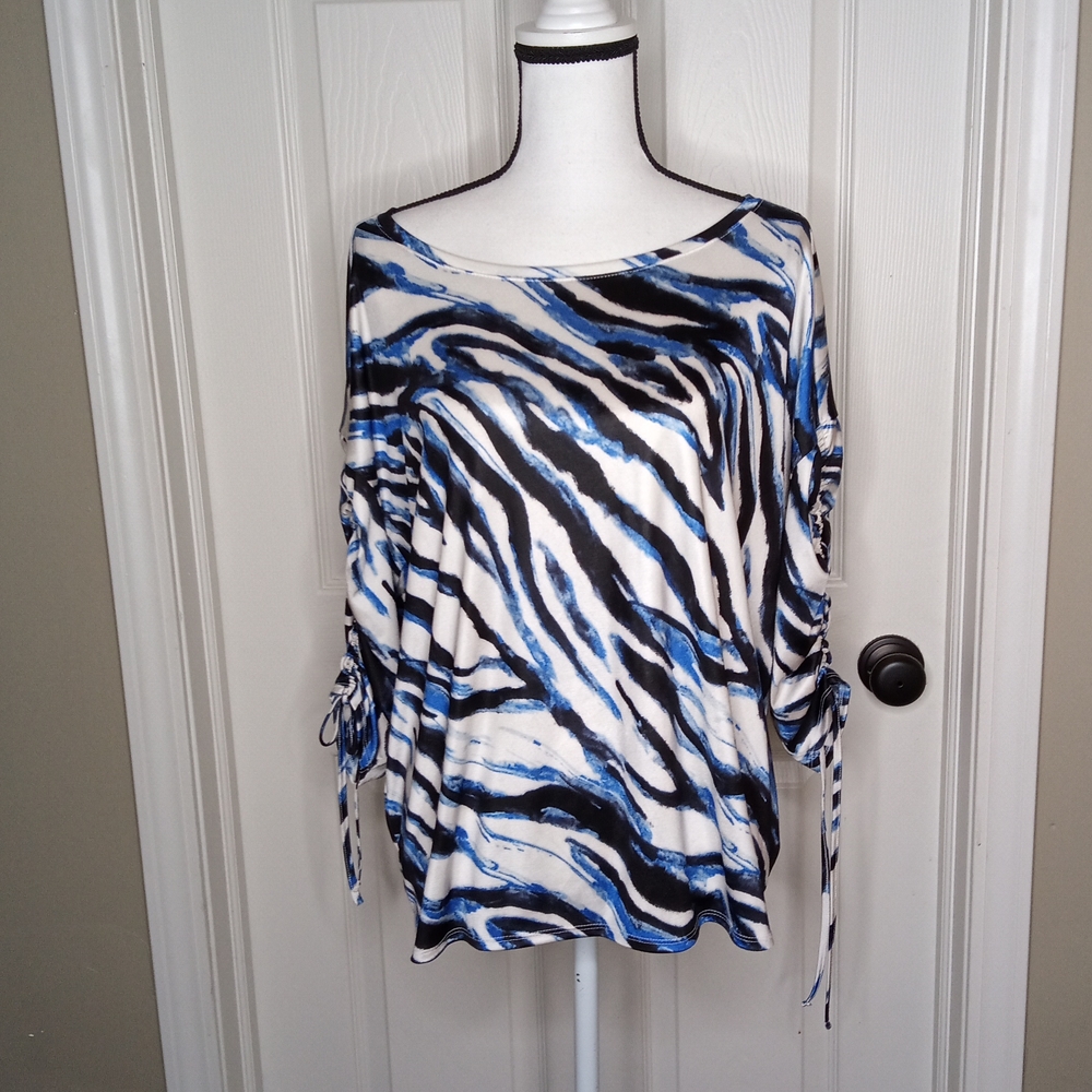 Jennifer Lopez Leopard Print Gathered Sleeves Tunic Sz. Large Blue White…